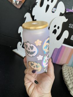 Coffee 16 Oz Glass With Bamboo Lid And Straw, Halloween 🎃 Pumpkins