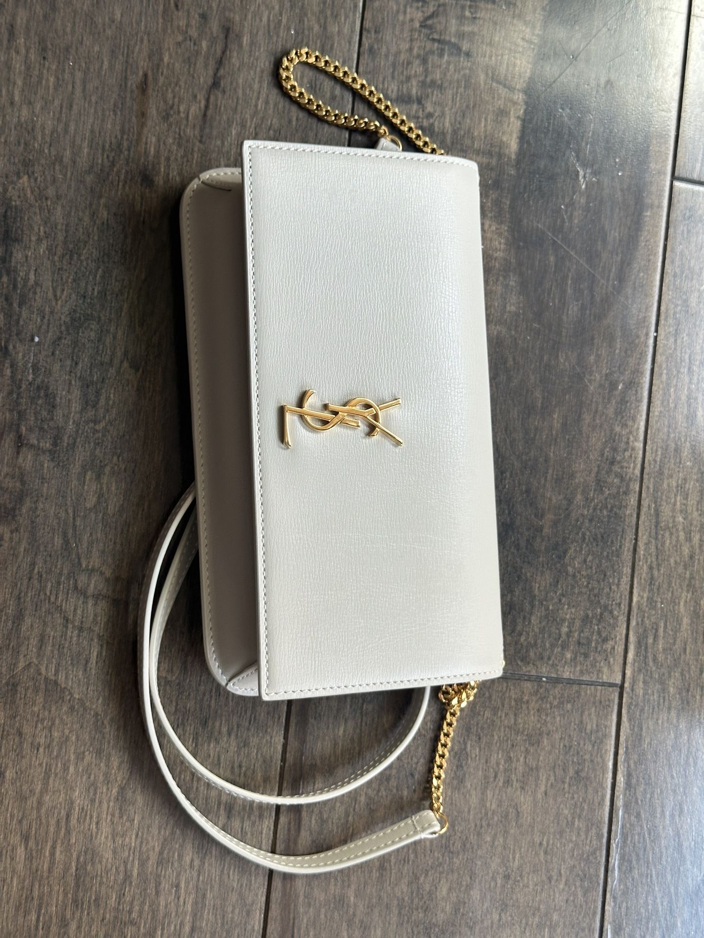 Authentic Saint Laurent Phone Holder on Chain – White Leather, Gold Hardware, Original Packaging