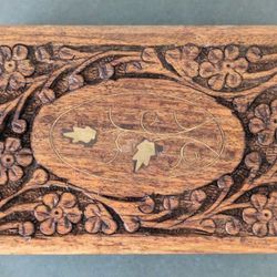 Vintage Jewelry Trinket Box Carved Wood, Floral Design, Made In India 6x4x2.5