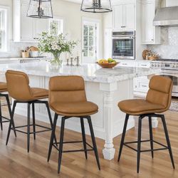 26 Inch Swivel Bar Stools Set of 3, Counter Height Barstools, Double Upholstered, Faux Leather, Metal Legs, Kitchen Island, Whiskey Brown