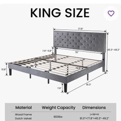 Moving Sale – King Size Grey Platform Bed Frame – Adjustable Headboard – Excellent Condition