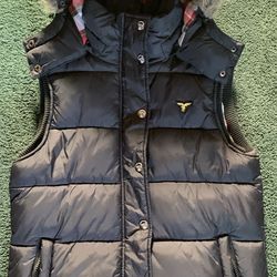 Black Puffer Vest with Removable Faux Fur Hood & Plaid Lining