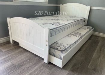 Twin/twin size white trundle bed with orthopedic mattress included