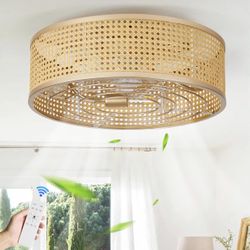 SPECIAL!!! $55: Boho Caged Ceiling Fan with Light, 20" Rattan Flush Mount Ceiling Fan