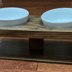 Small Raised Wood And Ceramic Cat Dog Food Dual Bowl