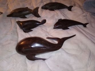 Set of 5 Dark Wood Carved Marine Animal Figurines