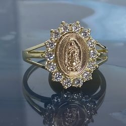 $475 Two Tone Yellow and Rose Gold w Zirconia Virgin Mary Religious Ring