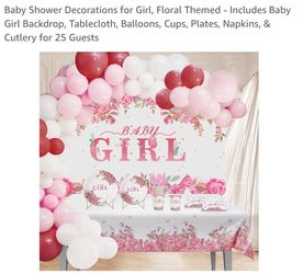 Baby Shower Decorations for Girl, Floral Themed - Includes Baby Girl Backdrop, Tablecloth, Balloons, Cups, Plates, Napkins, & Cutlery for 25 Guests