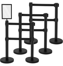 3224H 6 Pcs Crowd Control Stanchions Set Stainless Steel Barrier Post with Dual Retractable Belt 9.8 ft and 1 Sign Holder Crowd Safety Control Barrier