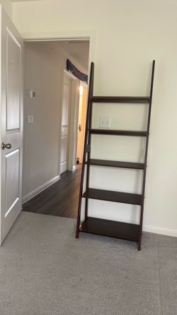 Dark Brown Leaning Ladder Bookcase, 5-Shelf Freestanding Wood Shelving Unit