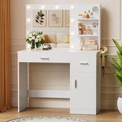 NEW LED Makeup Vanity Desk w/ Lighted Mirror, Power Outlet & Storage
