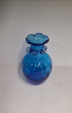 Blue Hand Blown Art Glass Vase With Applied Garland Edge