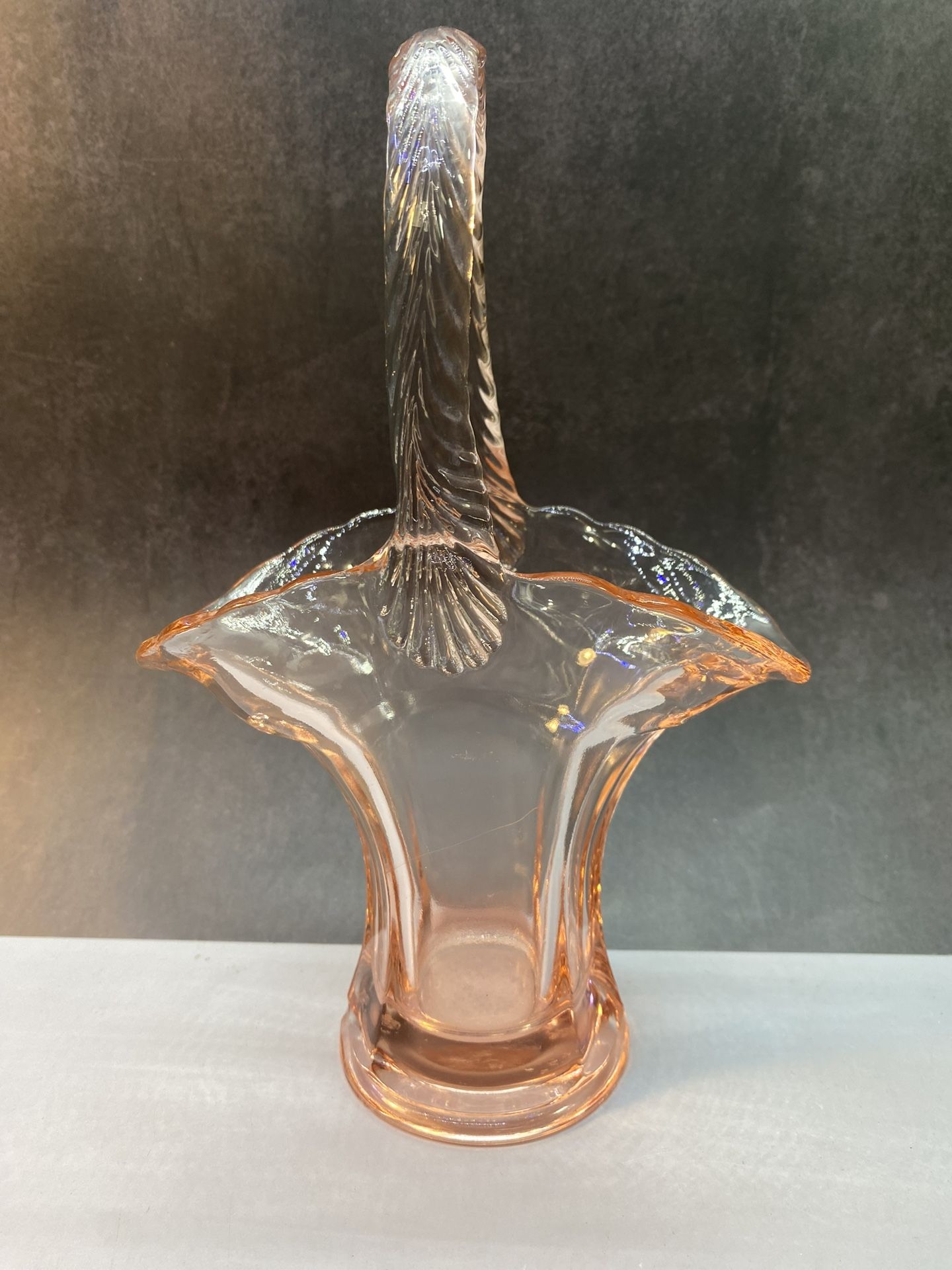 Beautiful Vintage Westmoreland Pink Depression Glass Basket/flower vase.  Ruffled Edge Ribbed handle Etched