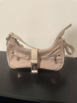 Beige Y2K Nylon Shoulder Bag – Silver Buckle & Zip Details