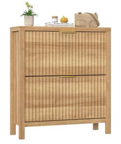Fluted Shoe Cabinet with 2 Flip Drawers, Light Wood