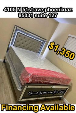 Queen size bed frame with pillow top mattress and Boxspring brand new
