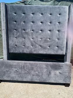 Gray Velvet Tufted Wingback Bed Frame