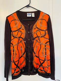 Beautiful DG2 by Diane Gilman silk front brown/orange equestrian cardigan