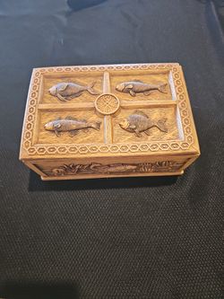 Men's Fish Design Resin Jewelry Trinket Box Carved Wood Look