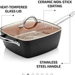 Ovente 9 Inch Square Stock Pot with Glass Lid & Induction Plate