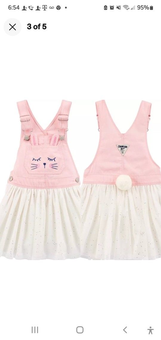 Oshkosh Babygirl Pink Denim Embroidered Bunny Glitter Tutu Overall  Dress 12 Months