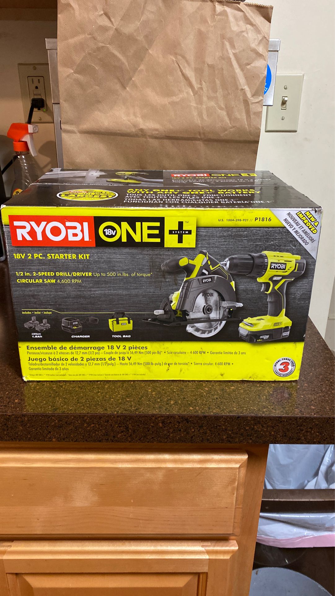 New in box ryobi one + 18 v 2 peice starter kit 1/2 in. 2speed drill/driver circular saw 4,600 rpm comes with 2portable chargers 1 wall & tool bag
