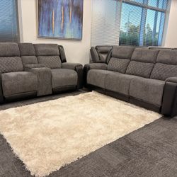 Gray/Black High Performance Microfiber Reclining Sofa & Loveseat Set (Diamond Stitching) 