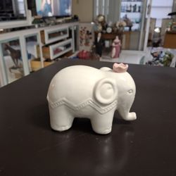 White Glossy Ceramic Circus 🎪  Elephant With Cute Pink Hat 4.5"H X 6"L