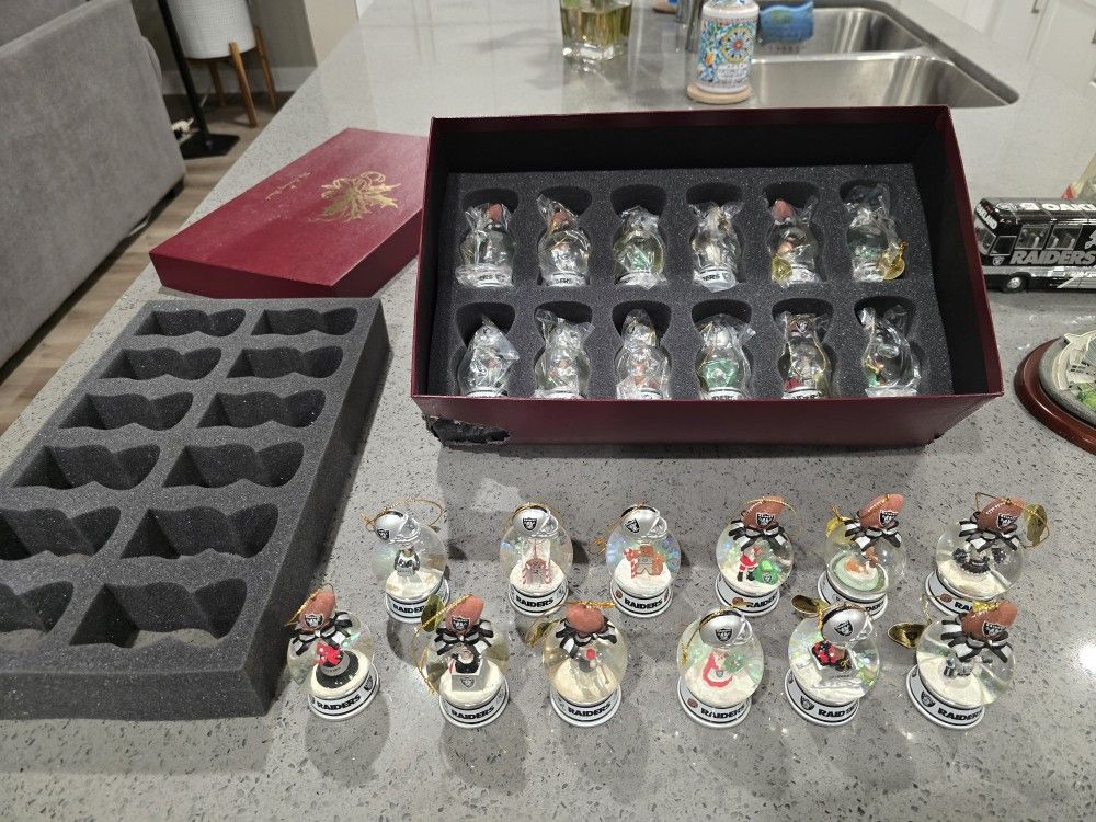 DANBURY MINT THE OAKLAND RAIDERS SNOWGLOBE ORNAMENT MEMORIALBILIA SET of 24