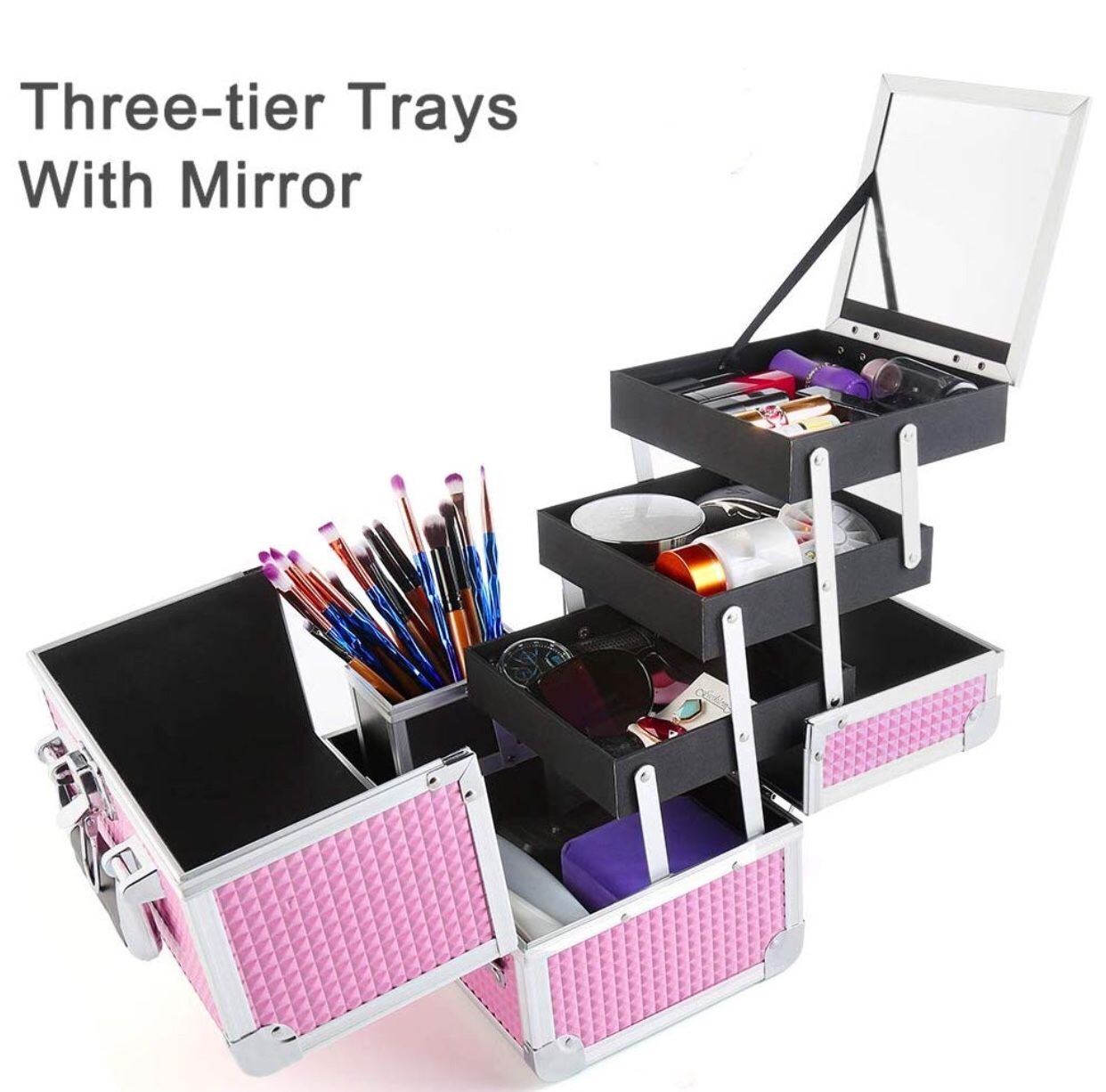 Makeup Organizer, MCvilla Professional Train Box Cosmetic Case Makeup Storage Organiser Durable PU Aluminum Frame with 3 Trays, Mirror, Brush Holder