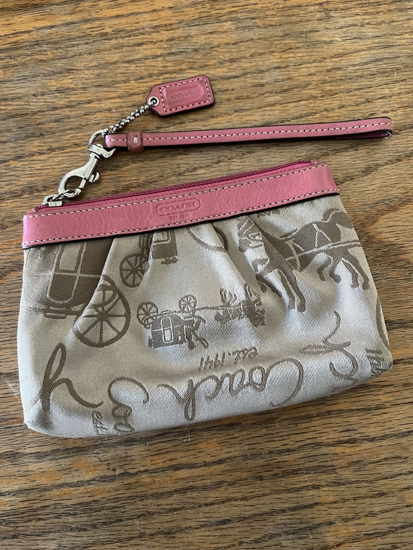 Coach Horse Carriage Wristlet Long Strap Pouch With Pink Leather & Logo Material