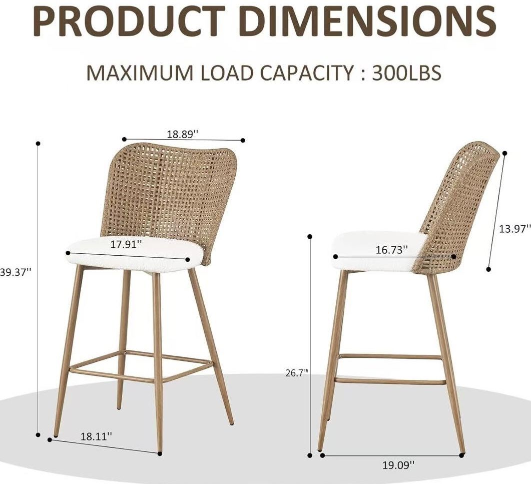 🥨2Pcs Rattan 26inch-Counter-Height Bar Stools,Upholstered Boucle Fabric Barstools with PE Rattan Cane Back, Wicker Bar Chairs Counter Stools