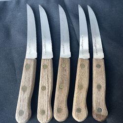 5 Old Homestead Steak Knives Wood Handles Lifetime Cutlery Stainless Japan