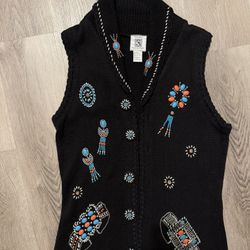 Vintage Victoria Jones Black Knit Southwest Beaded Long Sleeveless Cardigan