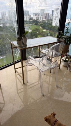 Glass Top Gold Frame Desk with Ghost Chair