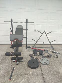 Weight Bench Set with Plates, Bars, and Rack