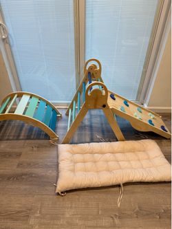 Wooden Montessori Climbing Set with Slide & Cushion – $100