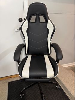 Brand New Black/White Tall Back Height Adjustable Reclining Gaming Chair w/Slide Out Footrest