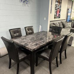 7PC Black Marble Dining Table Set