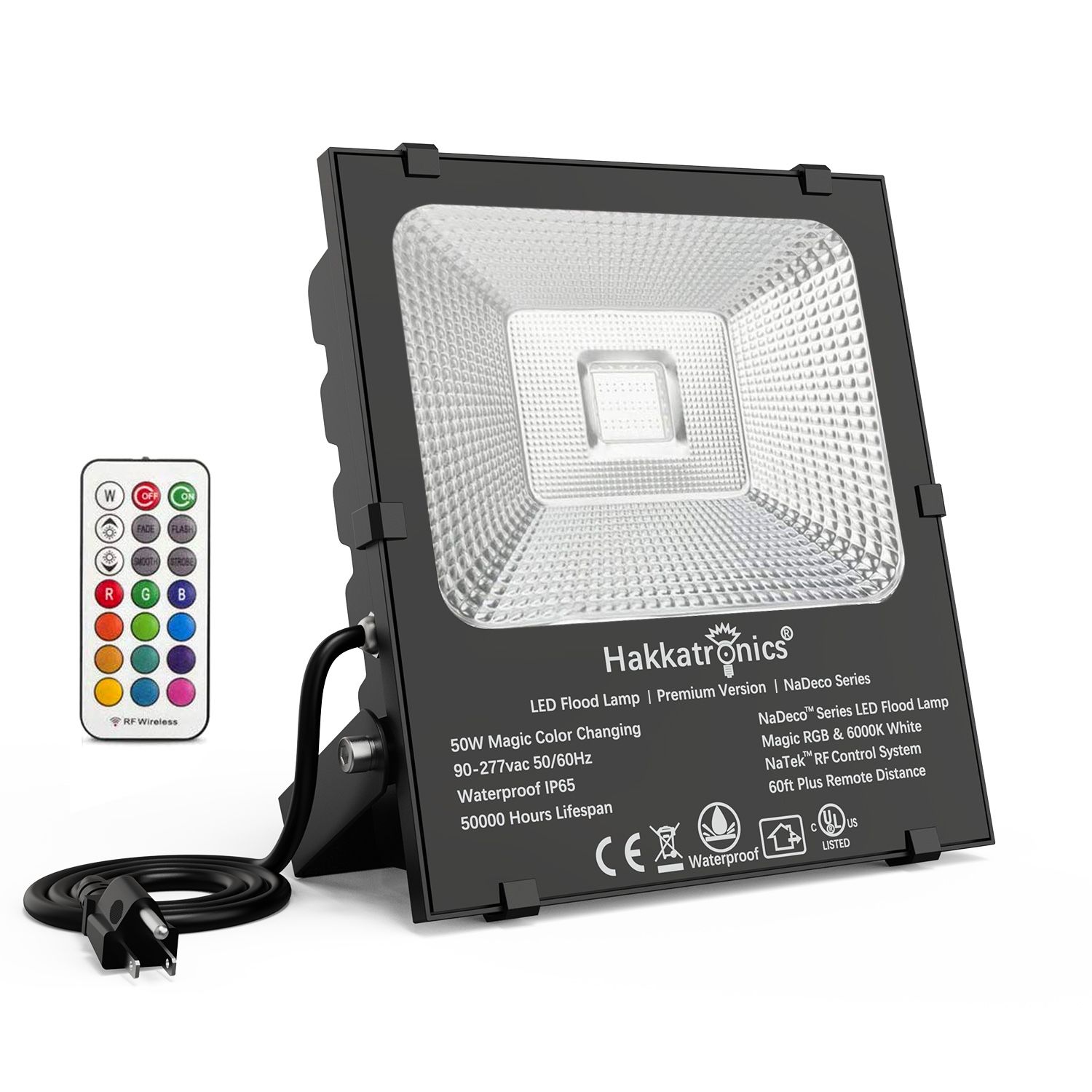 50W LED Floodlight RGBW Color Changing by Hand Remote 120V Plug N Play, Haunted House Lighting