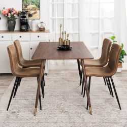 Homy Casa Rosa 5PC Dining Set 47” Rectangular Walnut Wooden Dining Table with 4 Scargill Suede Brown Dining Chair