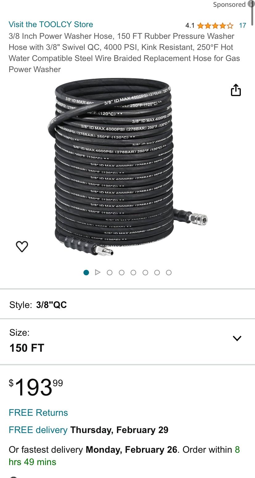 3/8 In x 150FT 4000 PSI High Pressure Washer Hose