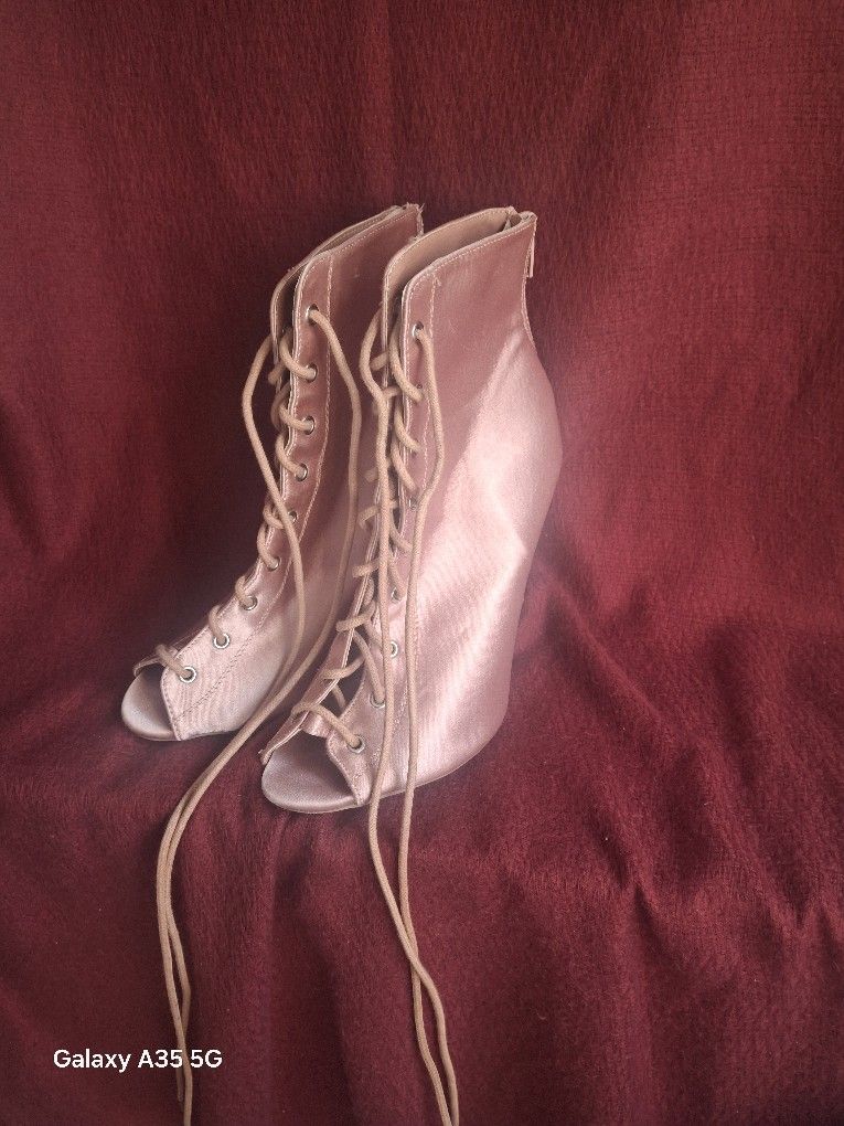 Pink Champagne Lace Up Heels Boots