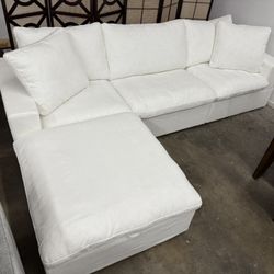 120” Super Plush White Towel Linen Feather Cloud Sectional Sofa Couch