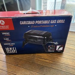Carlsbad portable gas grill-New In Box 11,000 BTU Compact, Foldable Legs