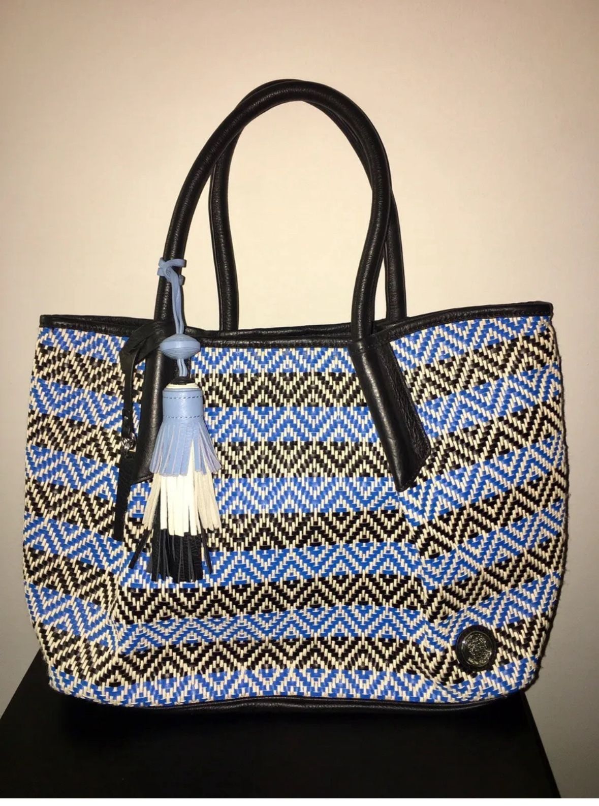 New Vince Camuto Blue Black Leather Woven Harlow Tote Bag Purse