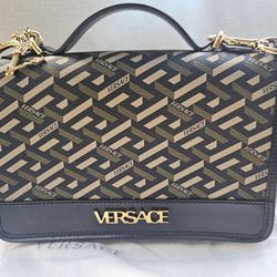 Versace La Greca Signature Coated Canvas & Leather Shoulder Bag 