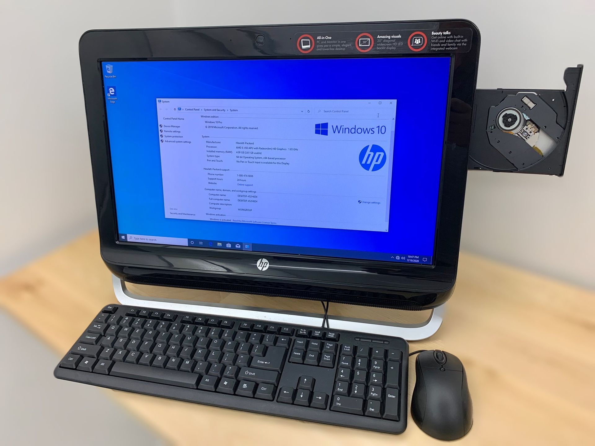 HP 20” All-in-one PC / Windows 10 Pro / Camera / Antivirus / CD-DVD