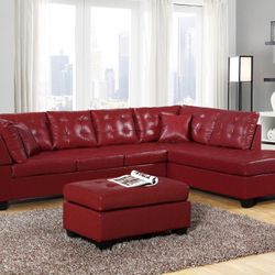 New! Red Leather Contemporary Sectional and Ottoman *FREE SAME-DAY DELIVERY*