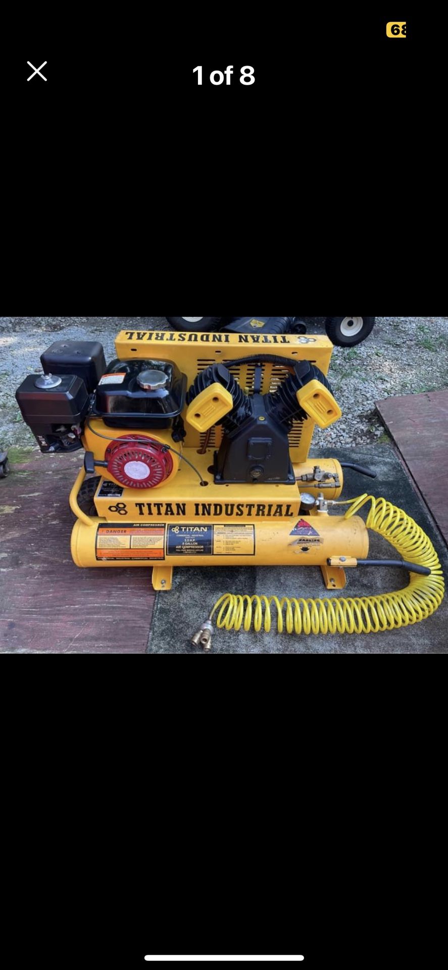 Titan industrial series, commercial gas powered wheel barrel, air compressor